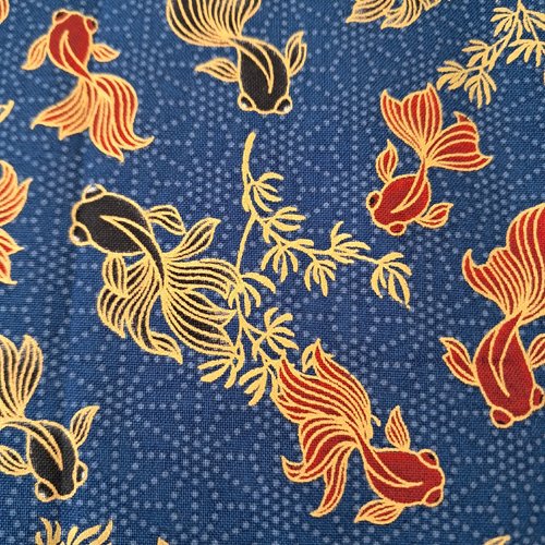 Tissu japonais 25x110 cm, motifs animaux, poisson doré bleu marine, coton