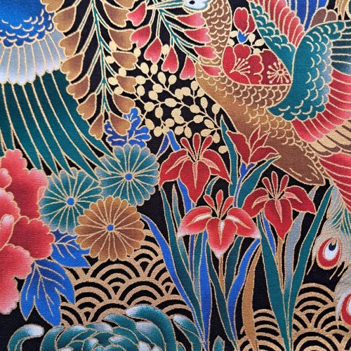 Tissu japonais 25x110 cm, motifs animaux, paon doré,coton