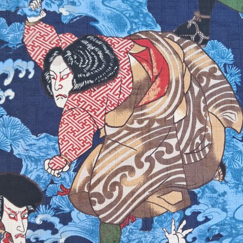 Tissu japonais 25x110 cm, guerrier bleu, ukiyo-e, coton