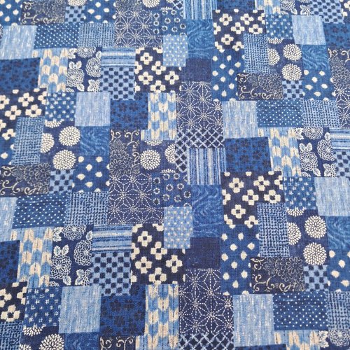 Tissu japonais 50x110 cm géométrique, boro bleu,coton