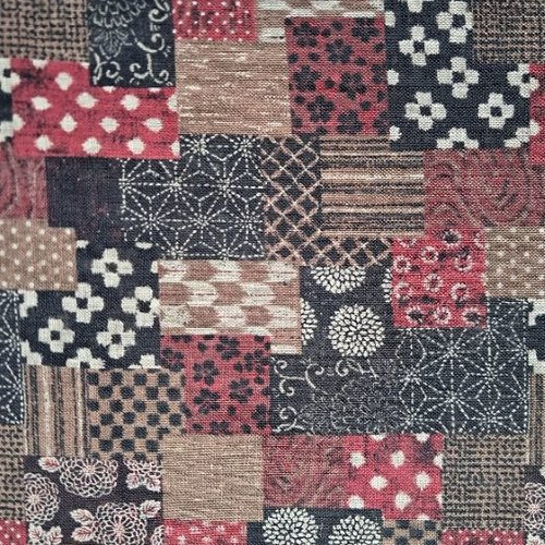 Tissu japonais 50x110 cm géométrique, boro rouge et noir, coton