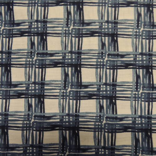 Coupon de tissu coton  fond bleu motif carreaux 