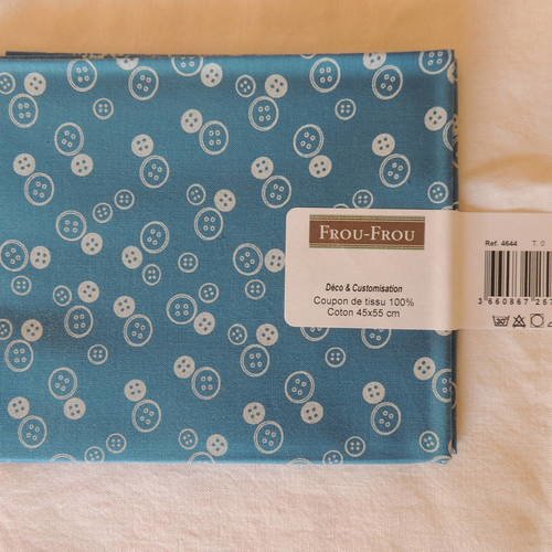 Coupon de tissu coton i love couture motif boutons couleur porcelaine/bleu 