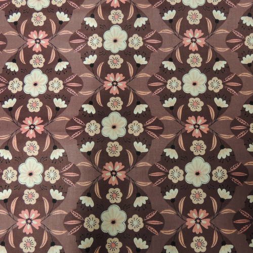 Coupon de tissu camelot fabrics fond prune  motif fleurs 