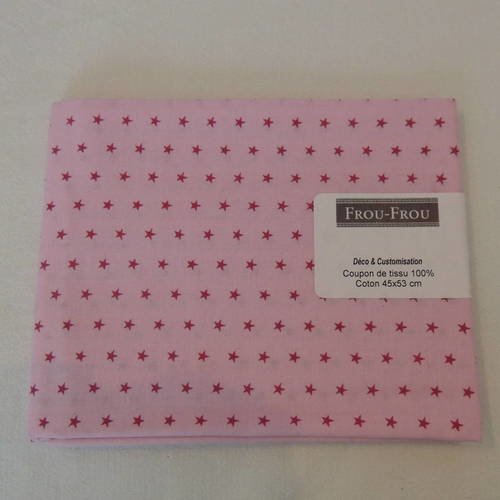 Coupon de tissu coton patch fond rose pâle motif etoiles rose fuschia 