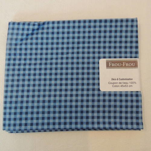 Coupon de tissu coton patch vichy bleu clair et bleu marine 
