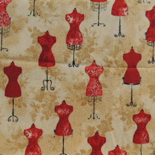 Tissu coton kaufman fond beige motifs mannequins rouges 