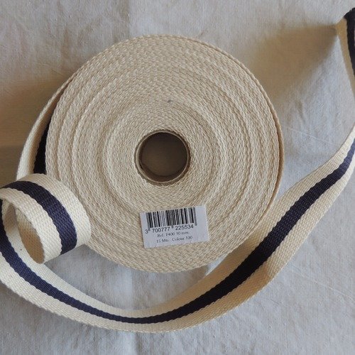 Sangle bagagère coton bicolore couleur ecru/bleu marine/ecru  largeur 3 cm 