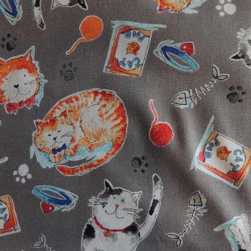 Coupon de tissu coton  gris taupe bleu motif chats
