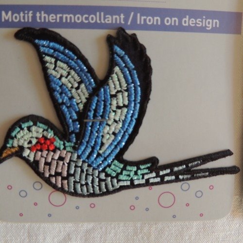 Motif thermocollant brillant oiseau tons bleu et vert bordure noire