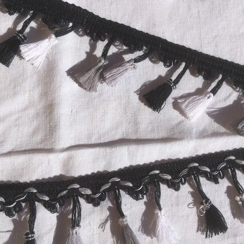 Frange pompons couleur noir/gris/blanc largeur 4,5 cm