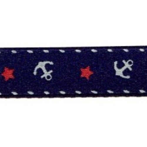 Ruban gros grain, motif ancres et étoiles, couleur bleu marine, largeur 10 mm
