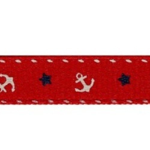 Ruban gros grain, motif ancres et étoiles, couleur rouge, largeur 1 cm
