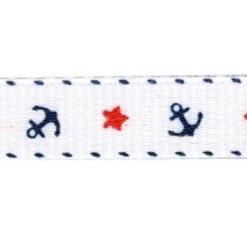 Ruban gros grain, motif ancres et étoiles, couleur blanc, largeur 1 cm