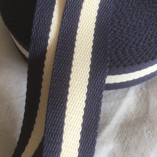 Sangle bagagère, coton, couleur bleu marine/ecru/bleu marine, largeur 3 cm