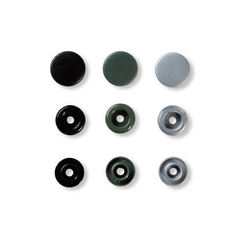 Boutons pressions, prym love, color snaps, motif rond, tons gris/noir, diamètre 12,4 cm