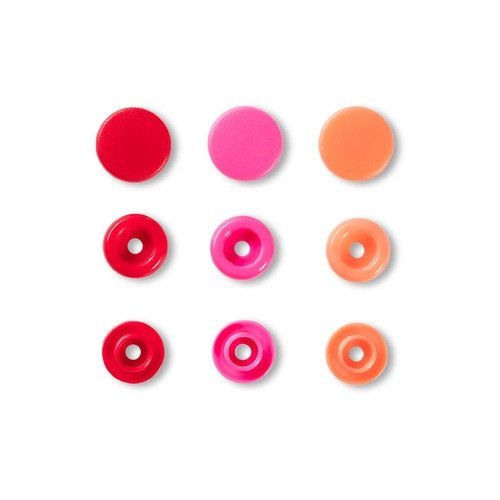 Boutons pressions, prym love color snaps, motif rond, diamètre 12,4 mm, tons orange/rouge/rose