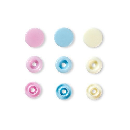 Boutons pressions, prym love color snaps, motif rond, diamètre 12,4 mm, tons rose/bleu/écru