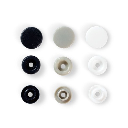 Boutons pressions, prym love color snaps, motif rond, diamètre 12,4 mm, tons gris/noir/blanc