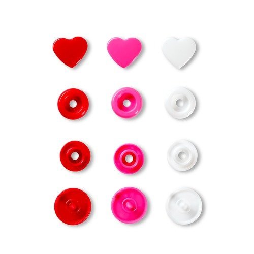 Boutons pressions, prym love color snaps, motif coeur, diamètre 12,4 mm, tons rose/rouge/blanc