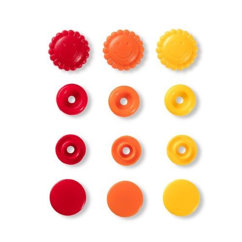 Boutons pressions, prym love color snaps, motif fleur, diamètre 13,6 mm, tons jaune/orange/rouge
