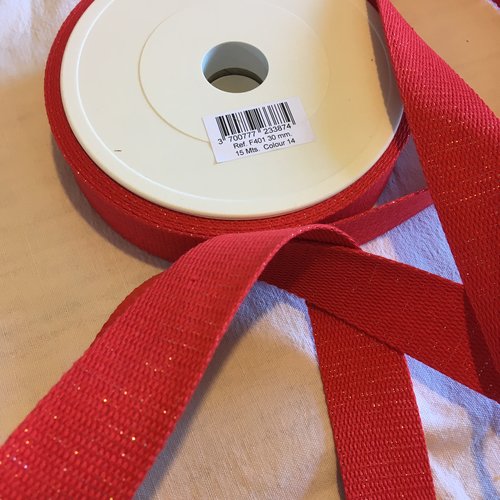 Sangle bagagère, coton, couleur rouge à paillettes, largeur 30 mm