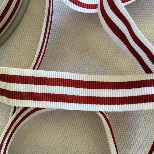 Ruban gros grain, rayures marines, couleur blanc et rouge, largeur 15 mm