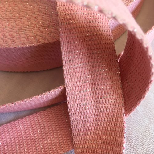 Sangle bagagère, coton, couleur rose à paillettes argent, largeur 30 mm