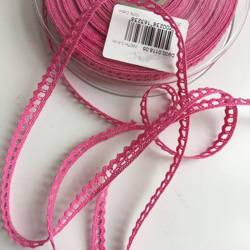 Galon dentelle, coton, couleur rose, largeur 8 mm 