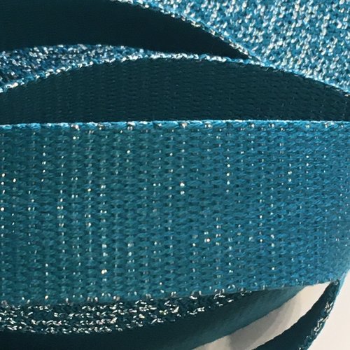 Sangle bagagère, coton, couleur bleu vert canard, à paillettes argent, largeur 30 mm