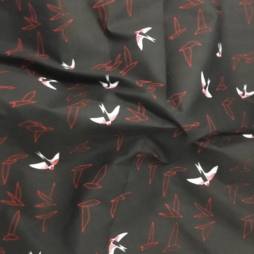 Coupon de tissu coton fond noir motif oiseaux rouge (mt61)