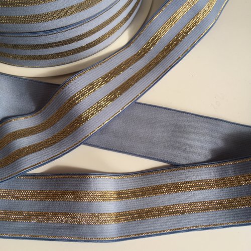 Ruban elastique, couleur bleu, rayures lurex or, largeur 30 mm