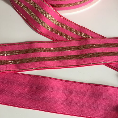 Ruban elastique, couleur rose fuschia, rayures lurex or, largeur 30 mm