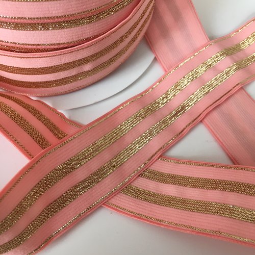 Ruban elastique, couleur rose, rayures lurex or, largeur 30 mm