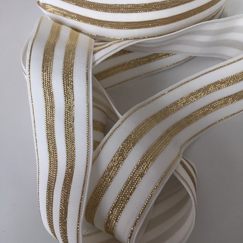 Ruban elastique, couleur blanc, rayures lurex or, largeur 30 mm