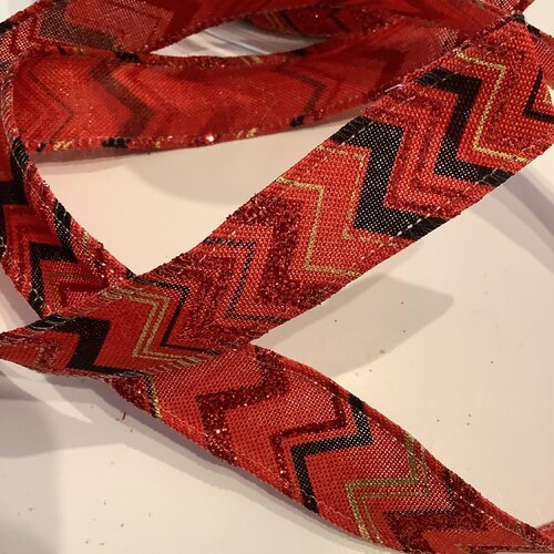 Ruban laitonné, motif zigzag, couleur rouge et noir (008), à paillettes, largeur 25 mm