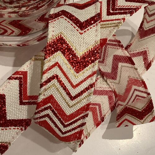 Ruban laitonné, motif zigzag, couleur blanc et rouge (051), à paillettes, largeur 25 mm