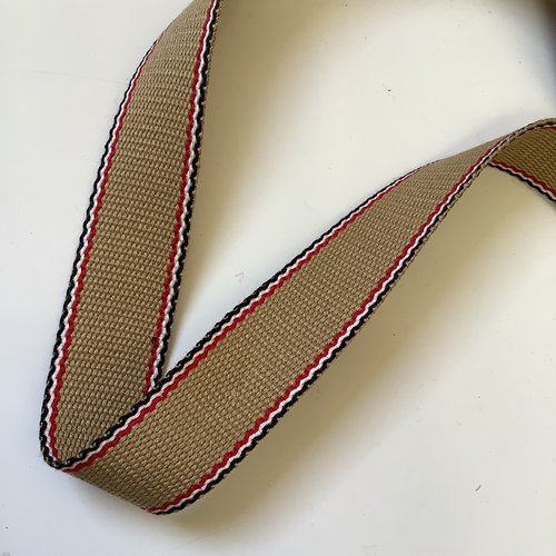 Sangle bagagère, coton, couleur beige rayures noir blanc et rouge, largeur 30 mm