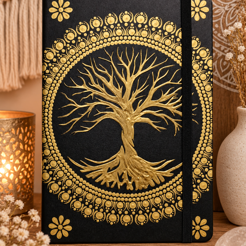 Carnet de notes b5 arbre de vie doré – journal élégant pour écriture, réflexion et développement personnel