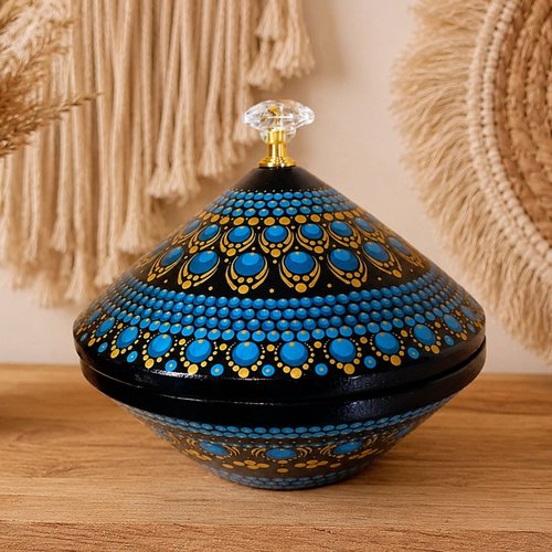 Boîte artisanale en bois peinte à la main – mandala bleu