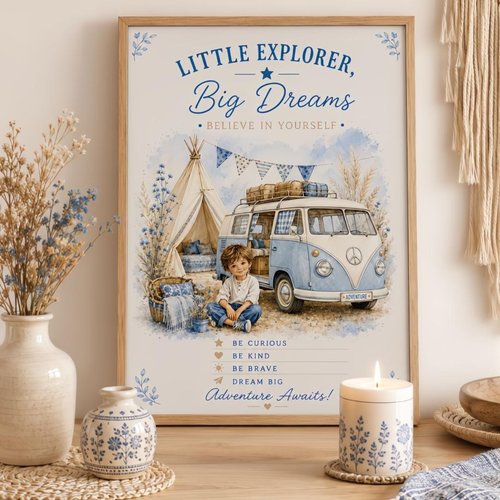 Affiche enfant « petits rêveurs » – petit explorateur, grands rêves – français & anglais