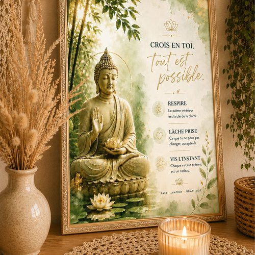 Affiche inspirante bouddha « crois en toi, tout est possible » – français & anglais – pdf a4 à télécharger