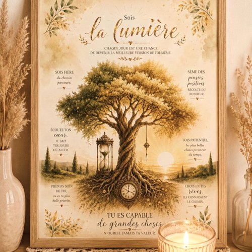 Affiche inspirante « sois la lumière » – français & anglais – pdf a4 à télécharger