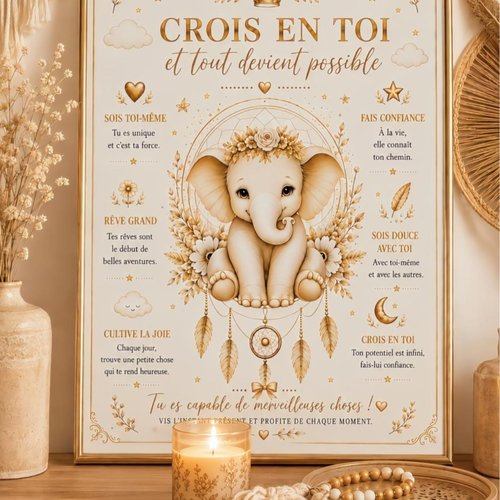 Affiche inspirante « crois en toi et tout devient possible » – éléphant bohème – pdf a4 à télécharger