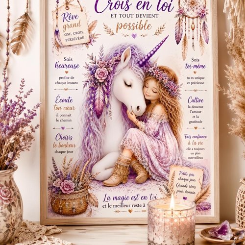 Affiche inspirante « crois en toi et tout devient possible » – licorne bohème – pdf a4 à télécharger