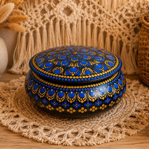 Boîte en bois artisanale bleue – peinte à la main – boîte de rangement décorative
