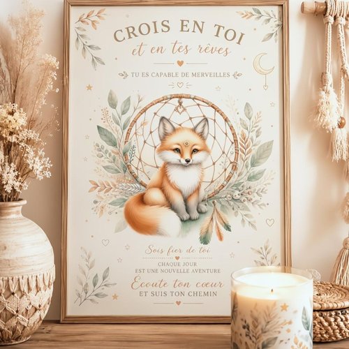 Affiche bilingue "crois en toi et en tes rêves" – renard bohème | français & anglais - pdf à imprimer