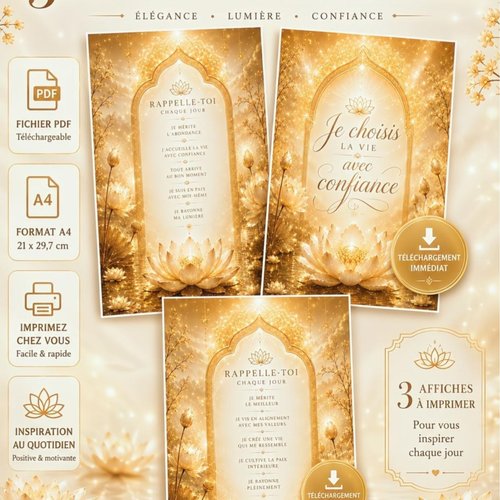 Lot de 3 affiches inspirantes zen – lotus & affirmations positives - pdf à imprimer