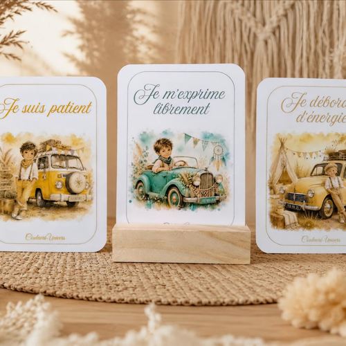 Lot de 30 cartes d'affirmations positives pour garçons – thème véhicules vintage - confiance en soi & émotions