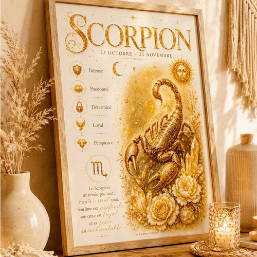 Affiche signe astrologique scorpion à imprimer – décoration zodiac dorée - pdf téléchargeable a4